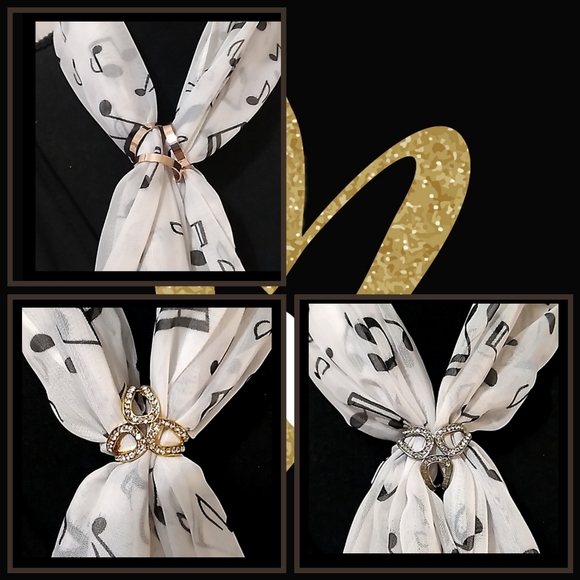 Black Music Note Print Wrap Scarf White + Scarf Buckle Gold Or Silver - Picture 8 of 16